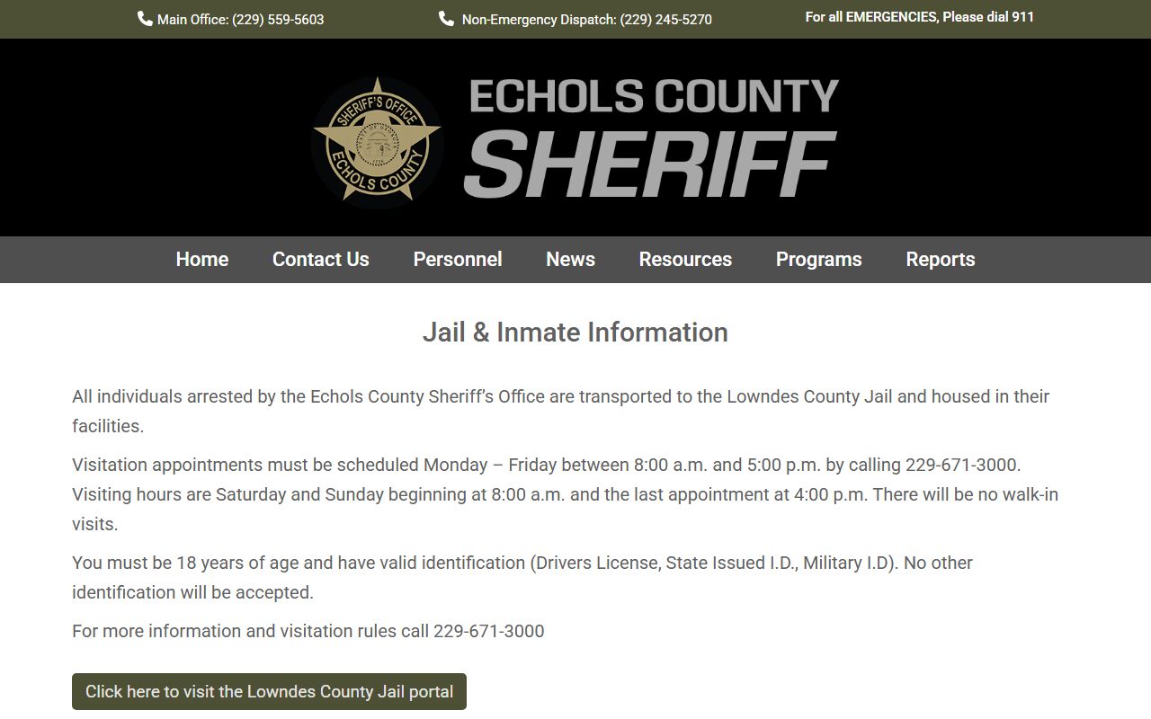 Echols County inmate population jail information page routing arrestees to Lowndes County Jail