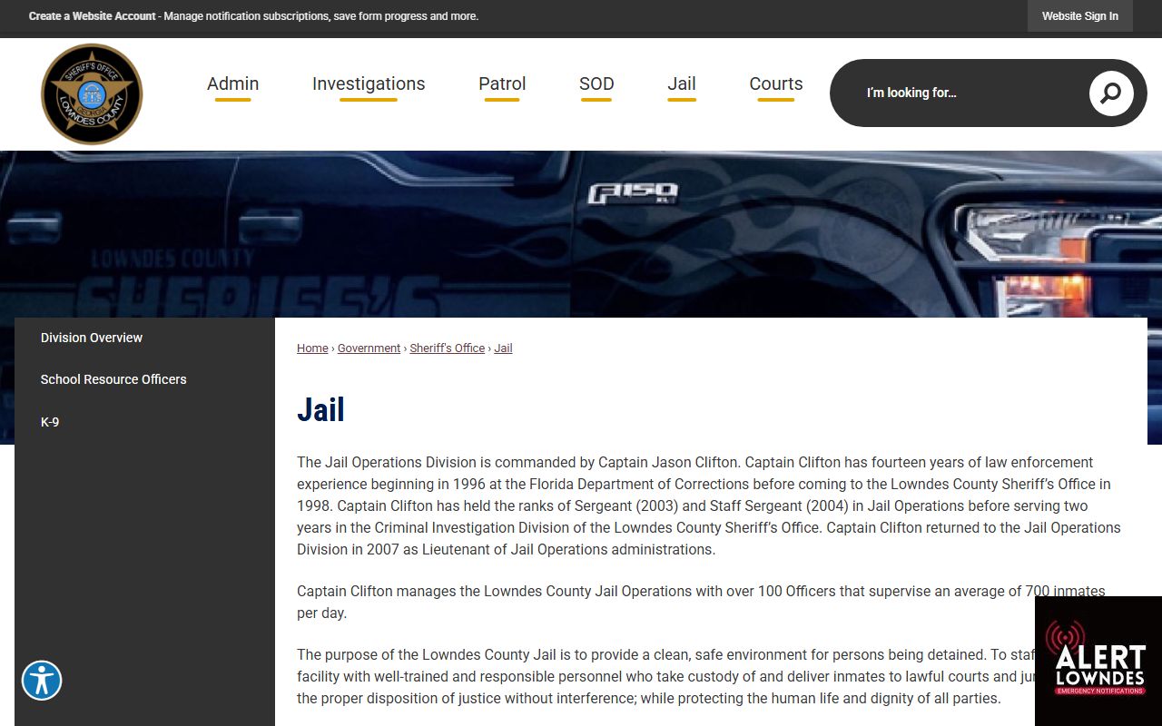 Lowndes County Jail custody information page for Echols County inmate lookup